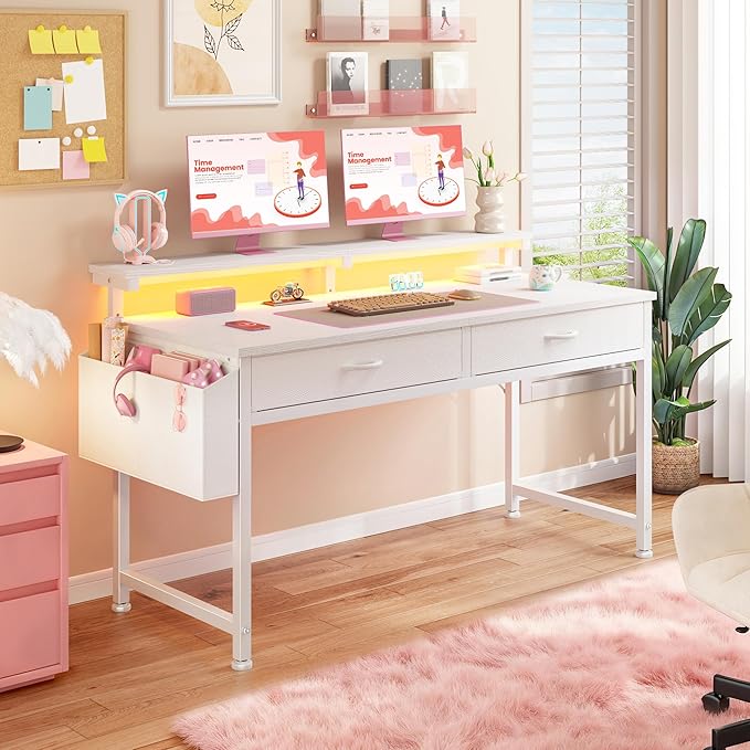 47.3Inch Computer Desk with 2 Drawers & LED Lights,Home Office Desks with Side Pocket,Gaming Desk Monitor Stand,Study Writing Table for Small Spaces,White