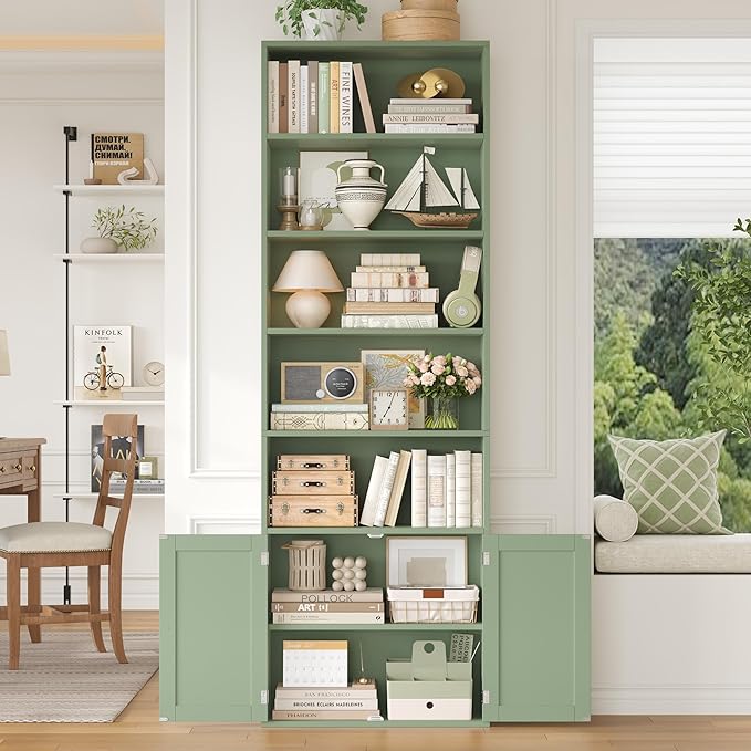 FACBOTALL 82" Tall Bookcase and Book Shelf, 24" Wide Bookshelf with Doors, 7 Tier Bookcase with Storage and Adjustable Shelf, Open and Display Farmhouse Bookshelf for Living Room, Home Office, Green