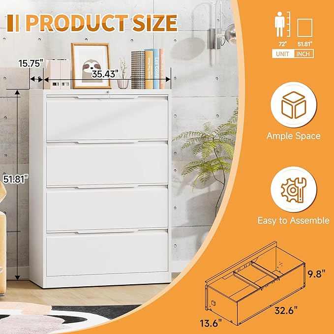4-Drawer Metal File Cabinet with Lock,Steel Printer Stand with Storage for Home Office,Lateral Filing Cabinet for Legal/Letter/A4 Files,Assembly Required(35.43''W-4 Drawers,White)