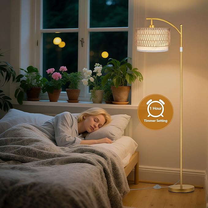 ROTTOGOON Arc Floor Lamps for Living Room, Boho Farmhouse Floor Lamp with Remote & Dimmable Bulb, Standing Lamp with Rattan & Fabric Shades, Adjustable Tall Lamp for Bedroom Office-Gold
