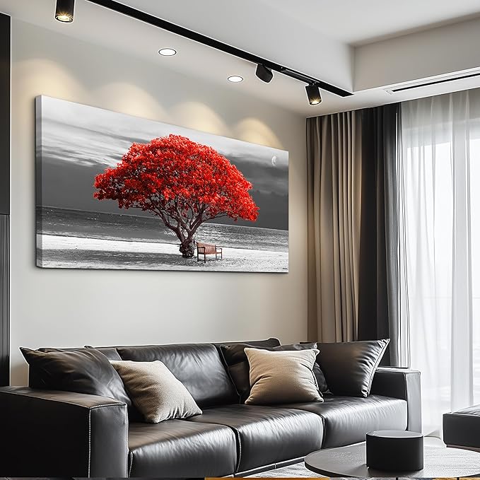 wall art for living room Decorations Photo Prints - panoramic black and white with red trees The moon Landscape - Modern Home Decor The room Stretched and Framed Ready to Hang artwork 30x60inches