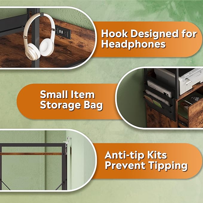 DEVAISE 2 Drawer File Cabinet with Lock, Charging Station & Adjustable Shelf,Tall Filing Cabinet for Home Office with Hook, Printer Stand Fits A4/Letter/Legal, Rustic Brown