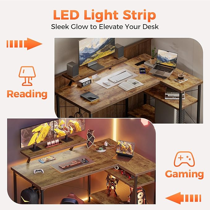 Mericonia Small L Shaped Computer Desk with Power Outlets, Reversible Gaming Desk with Storage Shelves & Monitor Stand, Corner Gamer Desk Table, Study Writing Table