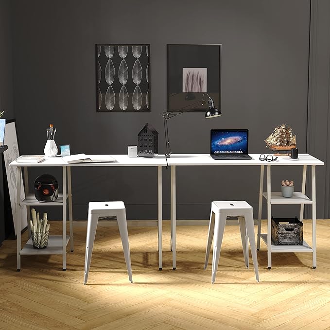 SHW 43-Inch Home Office Trestle Computer Desk with Open Storage Shelves, White