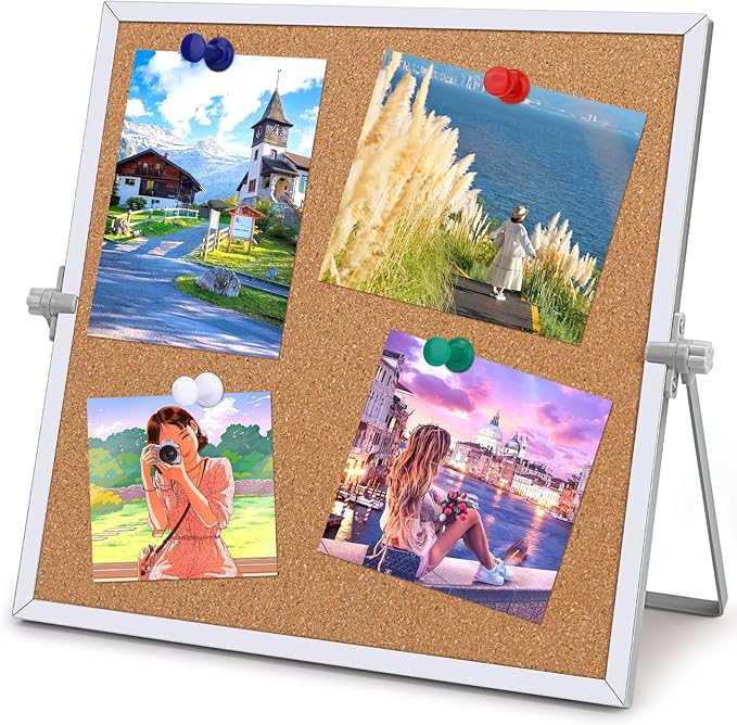 11.81"×11.81" Cork Board Bulletin Board, Double Sided Pin Board with Silver Aluminum Border, Desktop Small Cork Board with Stand Suitable for Home, Office, Desk Message Board or Picture Board
