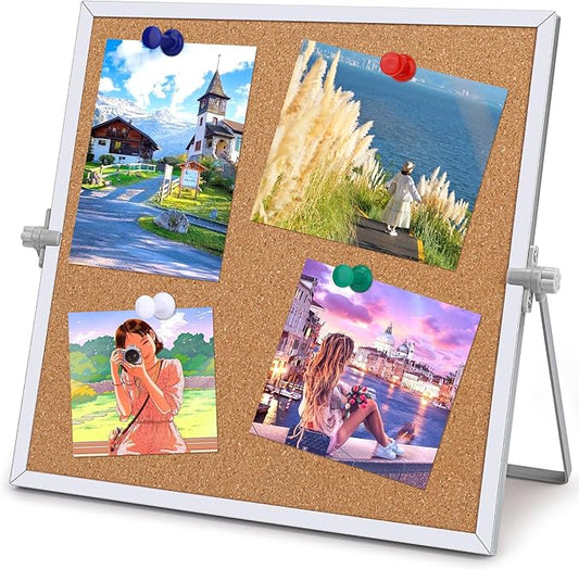 11.81"×11.81" Cork Board Bulletin Board, Double Sided Pin Board with Silver Aluminum Border, Desktop Small Cork Board with Stand Suitable for Home, Office, Desk Message Board or Picture Board