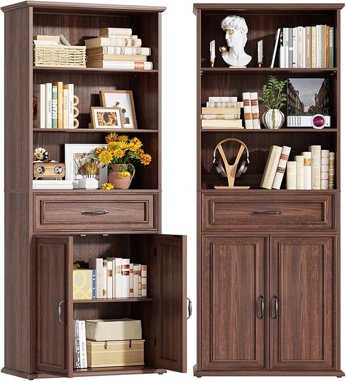 Cyclysio 80" Tall Bookcase Set of 2, Farmhouse 2 Set Bookshelves with Drawer and Doors, Floor Standing 6 Shelf Display Storage Cabinet for Home Office, Living Room (2, Black Walnut)