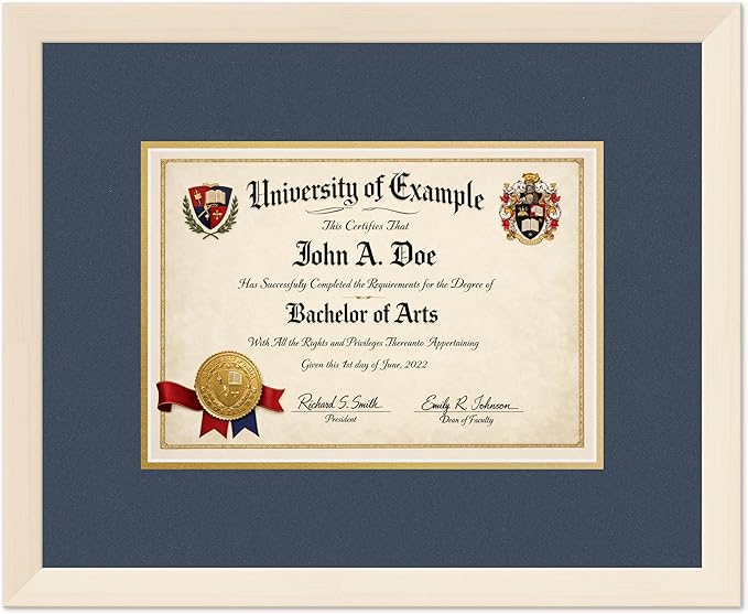 CountryArtHouse Diploma Frame Fits 11.69 x 8.27 A4 Certificate - Keepsake Graduation Display Coastal Whitewash Genuine Hardwood with Navy Blue Over Metallic Gold Double mat