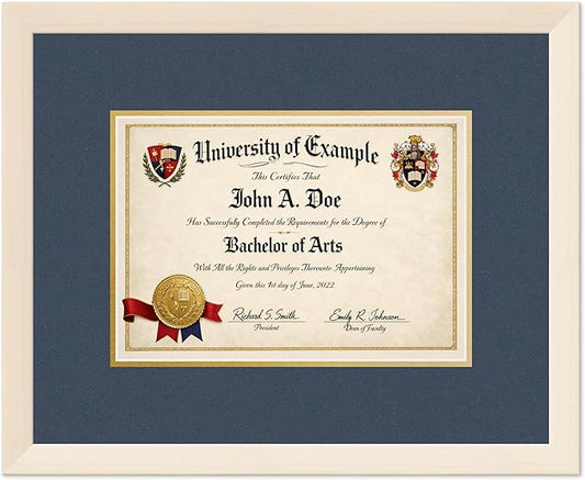 CountryArtHouse Diploma Frame Fits 11.69 x 8.27 A4 Certificate - Keepsake Graduation Display Coastal Whitewash Genuine Hardwood with Navy Blue Over Metallic Gold Double mat