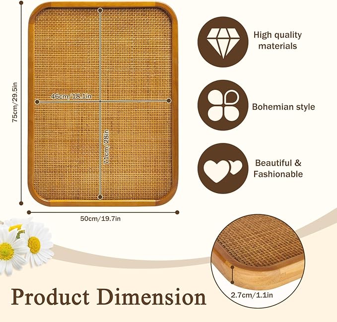 20" x 30" Bulletin Board, Round-Edged Rectangle Cork Board，Wooden Frame with Boho Style Rattan Wall Organizer,5075Teng