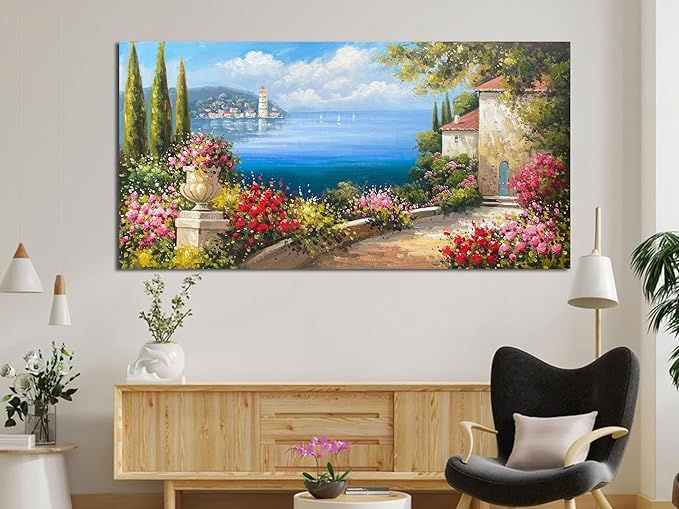 Arjun Landscape Wall Art Canvas for Living Room Mediterranean Seascape Painting Bedroom Flower Blue Ocean Picture Modern Scenery Artwork Framed Home Office Wall Decor, Extra Large 58"x29"