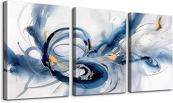 TTHYUEWS Abstract Canvas Wall Decor - Bedroom & Living Room Modern Office Art - Minimalist Blue Ink Wall Paintings - 3 Pieces