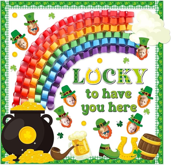 St. Patrick's Day Bulletin Board Classroom Decorations Shamrock 3D Rainbow Gold Coin Cutouts DIY Craft Photos Bulletin Board for Teacher Nursery Classroom Door Wall Decor St. Patrick Party Supplies