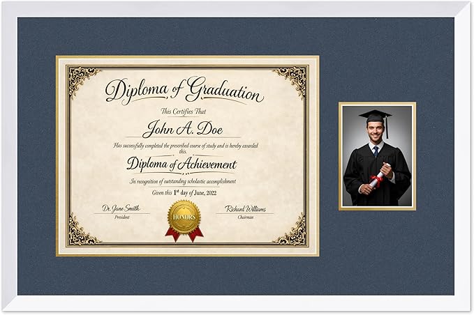 Diploma Frame With Photo Opening Bright White Navy Blue Over Gold Mat - Fits 17 x 13 Degree and Picture Made in the USA