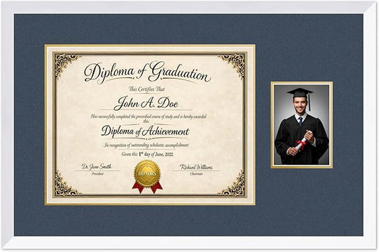 Diploma Frame With Photo Opening Bright White Navy Blue Over Gold Mat - Fits 17 x 13 Degree and Picture Made in the USA