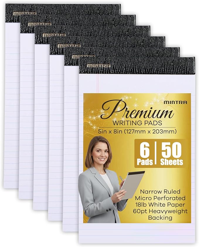 Mintra Office White Legal Pads – Ruled Notepads and Micro-Perforated Sheets, Ideal for Writing, Note-Taking & Creativity, Office, or Professional Use, Premium Pad 6 pack, 5"x8" (Narrow Ruled)