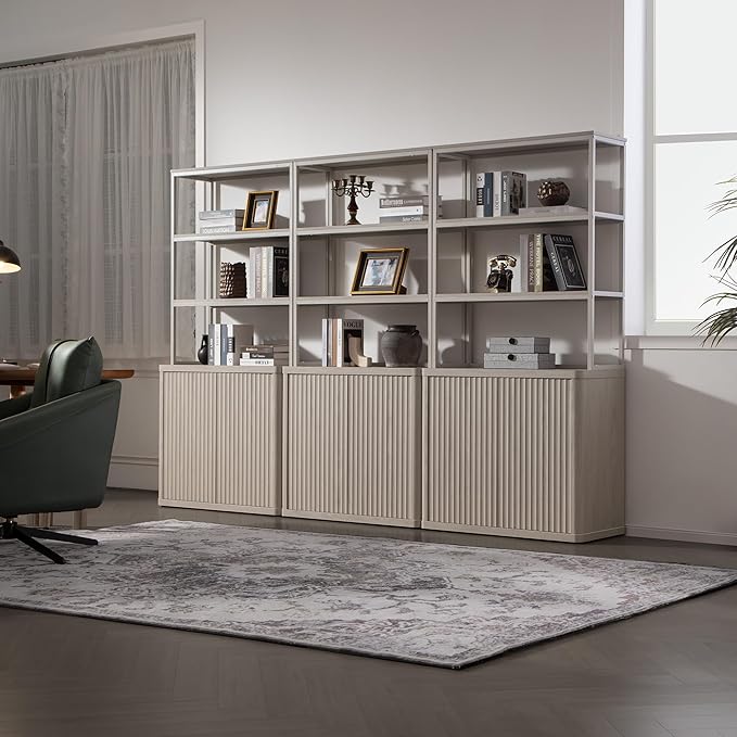SICOTAS Book Shelf Fluted Bookshelf 71" Tall Bookcase with Doors Storage 5 Tier Mid Century Modern Bookshelves Large Shelves Metal Book Cases for Living Room Office Bedroom Kitchen Library (White)