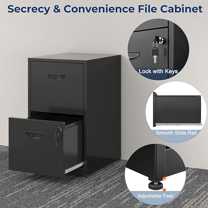 2 Drawer File Cabinet with Lock, Metal File Cabinets for Home Office, Under Desk Storage, Printer Stand, Office File Cabinets for Letters and File Boxes, Assembly Required, Black