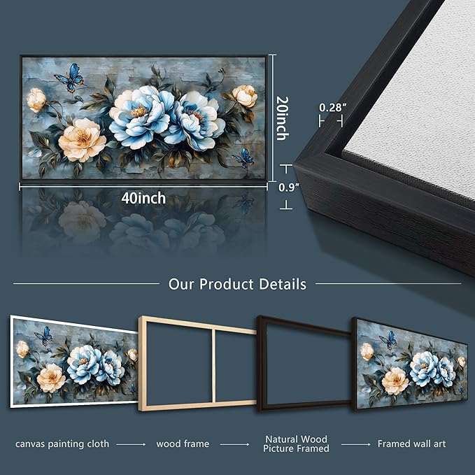 KELIYUAN Large Framed Canvas Wall Art For Living Room Wall Decor For Bedroom Abstract Wall Painting Black Framed Flower ink painting Dining Room Decor Prints Posters Modern Room Home Decor 20"X40"