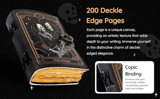 TUZECH Book of Spells Leather Bound Journal Deckle Edge Paper Grimoire Printed Diary Third Eye witchcraft supply and Witch Spell Notebook Antique Vintage Book for Men and Women (The Lovers)