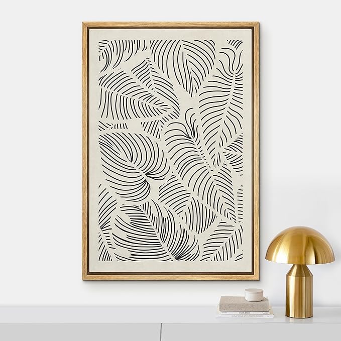 IDEA4WALL Framed Canvas Print Wall Art Hawaiian Black & White Tropical Island Leaf Print Abstract Shapes Illustrations Modern Art Decorative Minimalist Multicolor for Bedroom - 16"x24" Natural