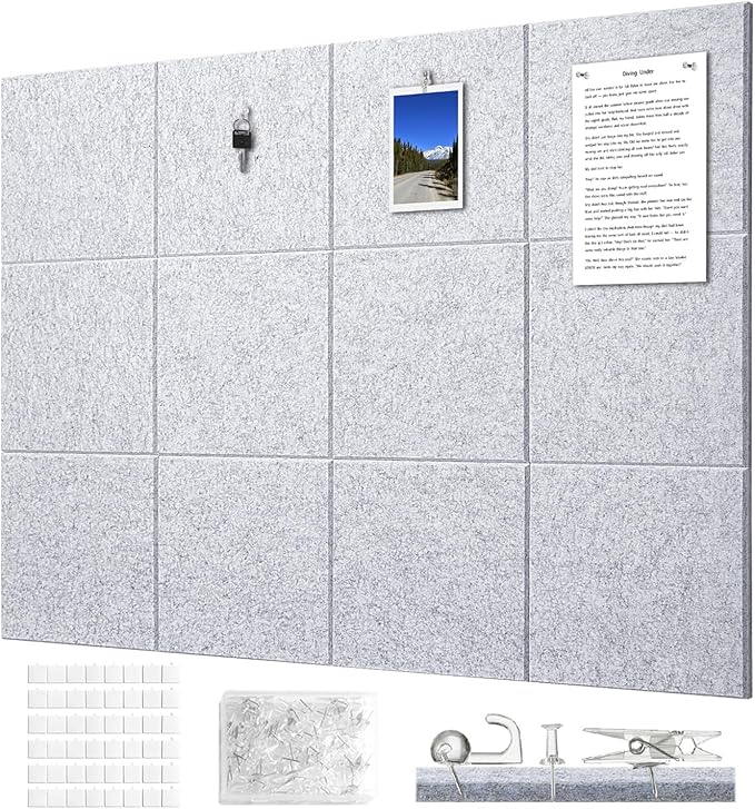 Felt Wall Tiles Bulletin Board Large Cork Board Alternative 12 Pack 11.81”x11.81”x0.47” Felt Pin Board Tack Board with Safe Removable Adhesive Tabs for Home Office School 48x36(Silver Grey)