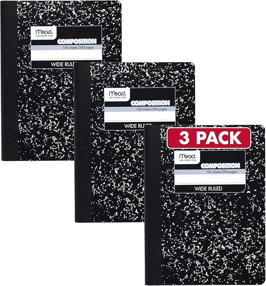 Mead Composition Notebook, 3 Pack, Wide Ruled Paper, 7-1/2" x 9-3/4", 100 Sheets per Comp Book, Black Marble (38301)