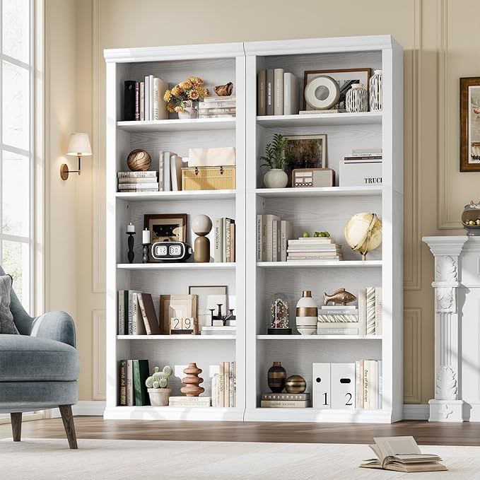 Rresyet 5 Tier Bookshelf and Bookcase, Tall Modern Bookcase with Storage Shelves, Sturdy Open Display Shelf for Living Room, Bedroom, Home Office, Dining Room Decor, White