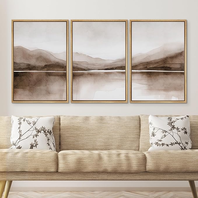 SIGNWIN Framed Canvas Print Wall Art Mountain Landscape Modern Minimalist Brown and Gray Watercolor Nature Wilderness Modern Art Cool for Living Room, Bedroom, Office - 16"x24"x3 Natural