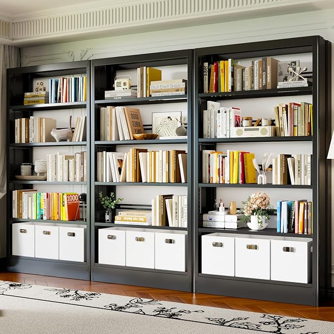 70.9" H Metal Bookshelf, Adjustable Bookcase, 5-Tier Heavy Duty Bookshelf with Bookend, Tall Bookshelves, Bookcase Shelf for Living Room, Office, Library,Classroom (Black-37.4W)