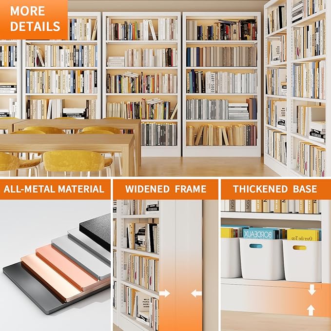 Metal White Bookshelf, 71"H Tall Bookcase with Adjustable Storage Shelves, 5-Tier Heavy Duty Book Shelf, Modern Open Large Book Case for Library, Living Room, Office, including Book Stopper (White)