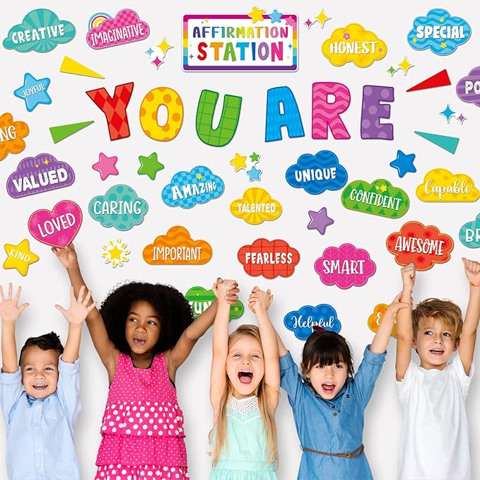 45pcs Bright Affirmation Station Bulletin Board Set Motivational Posters Classroom Mirror Growth Mindset Decor Positive Affirmations Accents Cutouts for School Office Home Teacher Wall Supply