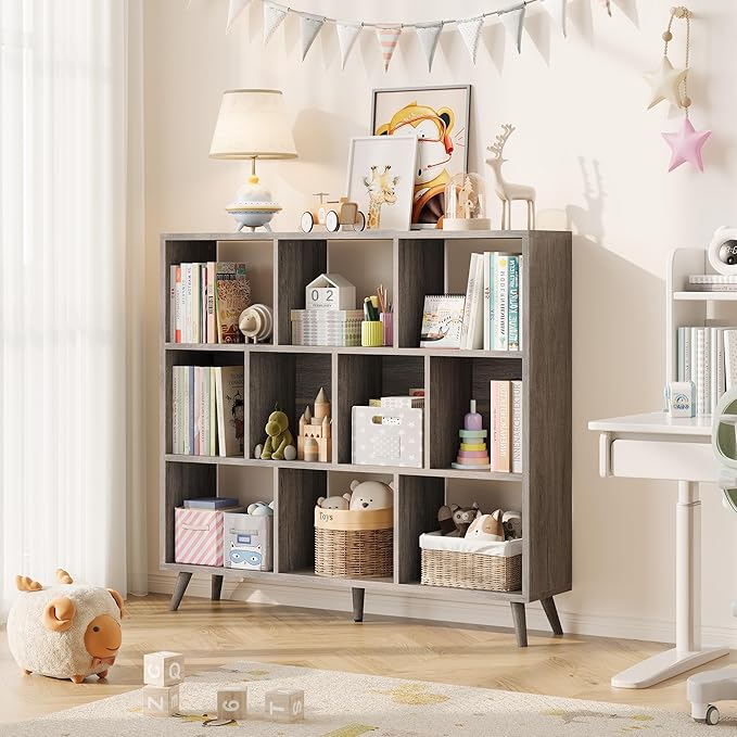 10 Cube Bookshelf, 3 Tier Wooden Book Shelf, Modern Black Short Bookcase with Solid Wood Legs, Small Book Cases Vintage Wide Storage Organizer with Open Shelf for Kids, Small Spaces, Bedroom, Office