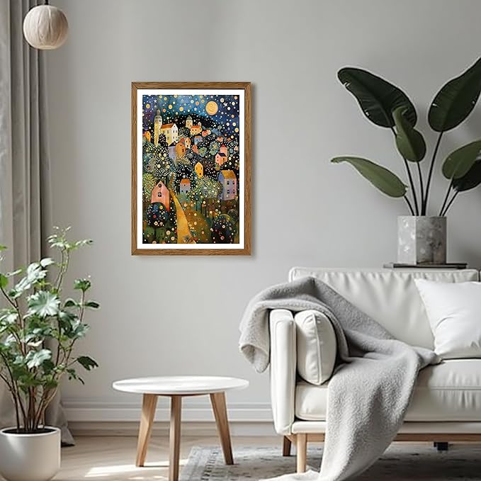 AVECCO Framed Colorful House Village Night Canvas Wall Art, Gustav Klimt Style Moon Stars Tree Wall Decor, Vibrant Starry Landscape Prints for Bathroom Living Room Bedroom Dining Room Office 16x24 in