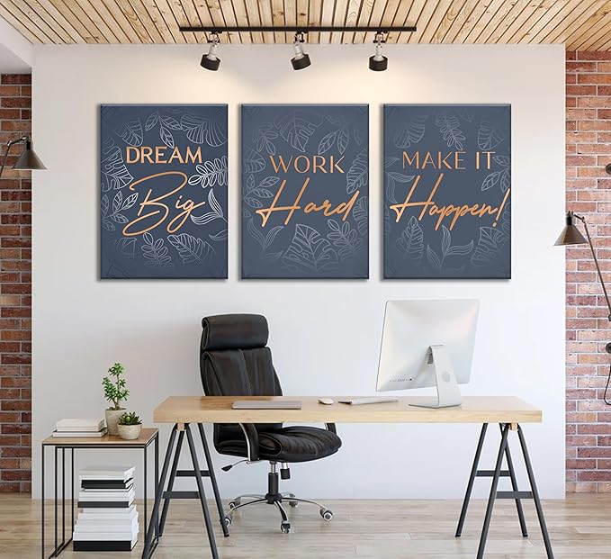 3Pcs Blue Gold Inspirational Office Canvas Wall Art Inspiring Motivational Positive Quote Botanical Paintings Pictures Wall Decor Posters Print Artwork for School Bedroom Living Room Home Decoration