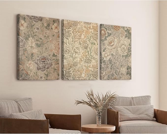 Vintage Flower Wall Art Decor Beige Floral Canvas Wall Art Botanical Rustic Pictures Prints Farmhouse Antique Painting Vintage Flower Poster for Living Room Bedroom 12x16 Inch Wrapped Canvas Set of 3