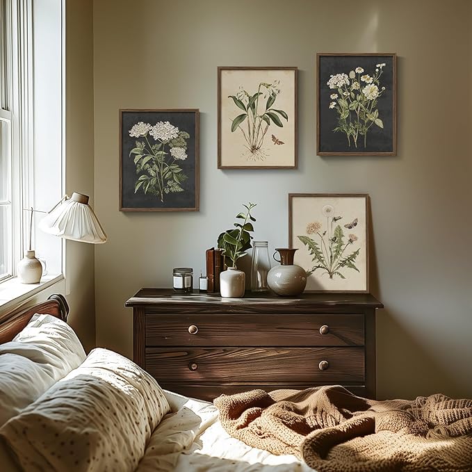 Framed Botanical Wall Art for Living Room, 4 Piece Rustic Floral Canvas Paintings Prints ArtWork for Walls, Vintage Flower Butterfly Pictures for Farmhouse Dining Room Hallway Bedroom Kitchen Bathroom Wall Decor