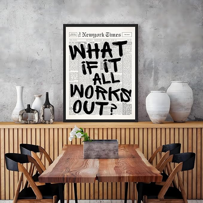 What If It All Works Out Wall Art Retro Black and White Newspaper Motivational Poster Positive Affirming Quote Minimalist Canvas Print for Bedroom Living Room Home Decor 16x24inch Black Framed