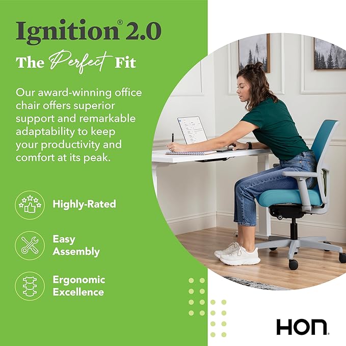 HON Ignition 2.0 Low Back Task Chair, Spectrum Mesh, Advanced Synchro-Tilt Control, Office Chair with Lumbar Support, Height and Width Adjustable Arms, Titanium Frame, Sky