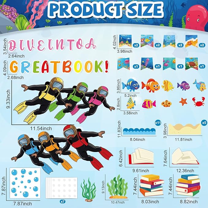 Summer Ocean Bulletin Board Decorations Set Get Dive into a Great Book Reading Theme Classroom Paper Cutouts Under The Sea Marine Fish Bulletin Board Decor for Back to School Teacher Chalkboard Wall