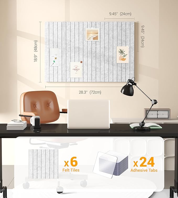 1/2" Thick Cork Board for Office, 6 Pack Felt Wall Tiles -28"x18" with Safe Adhesive Tabs, Large Bulletin Board, Push Pin Board Organizer Wall - Gray Marble