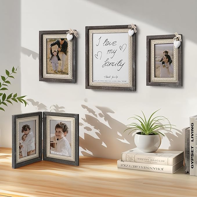 Afuly 8x10 Picture Frame Wooden Distressed Rustic Photo Frame with White Heart Burlap Lace, Solid Wood Frame for Farmhouse Wall Tabletop Home Decor Anniversary Wedding Gifts for Mom Grandma