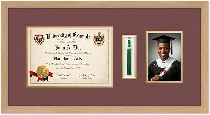 CountryArtHouse Diploma Tassel and Photo Shadowbox Fits 11.69 x 8.27 A4 Certificate with Tassel Hoo Natural Wood Genuine Hardwood with Dark Red Over Metallic Gold Double mat