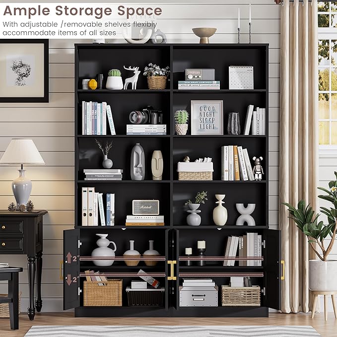 Black Bookshelves and Bookcases with 4 Doors, 6 Tier Double Book Shelf with Storage Cabinets, Gold Handle, Standing Display Open Display Shelves, 71" Tall Book Case for Living Room Library