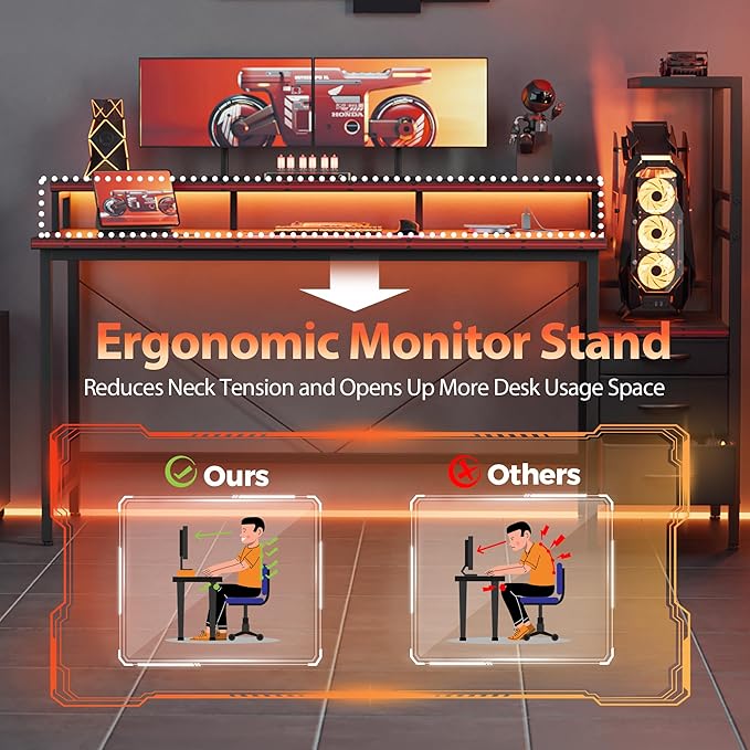 Mericonia Gaming Desk with Power Outlets & LED Lights, Reversible Computer Desk with PC Case Stand, Fabric Drawers, Modern Office Desk with Shelves, Monitor Stand