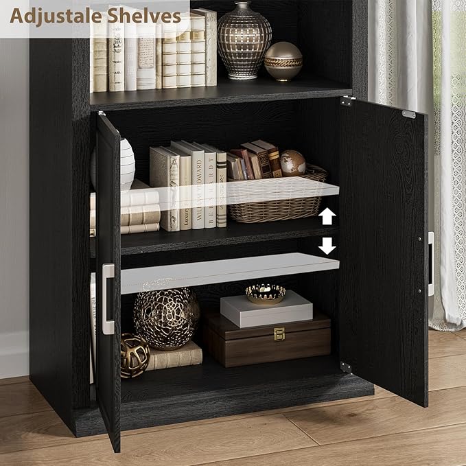 Rresyet 28" W Bookcase with Doors, Modern Tall Bookshelf 6-Tier Black Bookshelves with Storage Cabinet for Office, Living Room, Library
