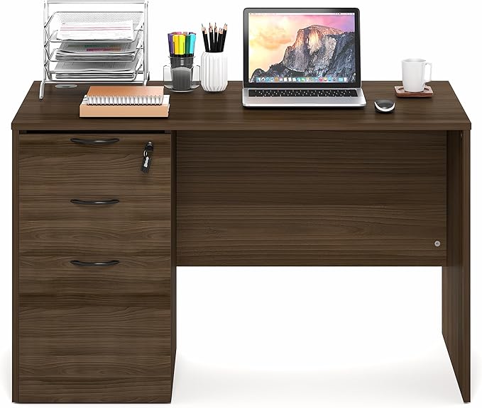 Furinno Roger 47 Inch Executive Desk with File Cabinet, Home Office Desk with 3-Drawer Fixed Pedestal Filing Cabinet, Desk Cord Grommet, for Home Office, Modern Walnut