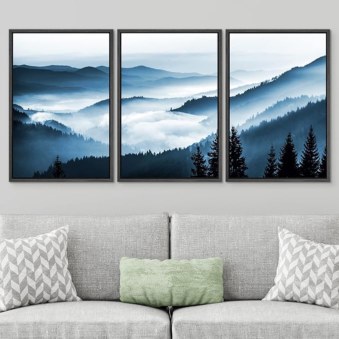 SIGNWIN Framed Canvas Print Wall Art Set Misty Blue Duotone Mountain Range Forest Nature Wilderness Photography Modern Decorative Colorful Rustic for Living Room, Bedroom, Office - 16"x24"x3 Black