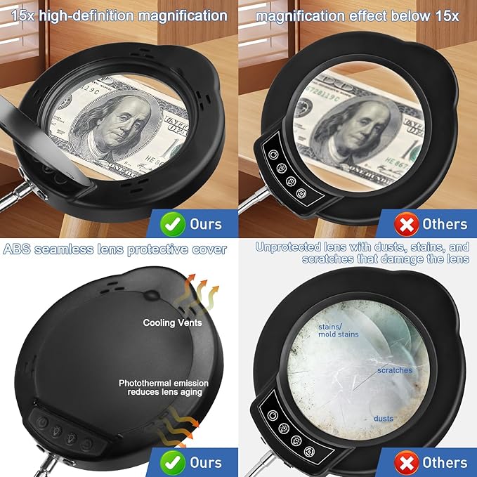 15X Desk Magnifying Glass with Light and Stand,Real Glass EyeCare LED Lighted Magnifier,5 Color Modes Stepless Dimmable,Hands Free 2-in-1 Desk Lamp for Craft Reading Painting Hobby Close Work