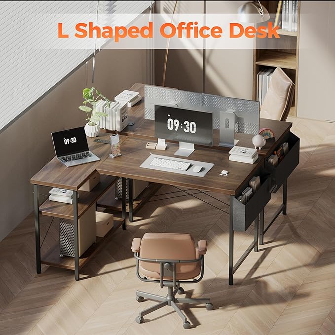 Mericonia Small L Shaped Computer Desk with Power Outlets, Reversible Gaming Desk with Storage Shelves, Corner Gamer Desk Table, Study Writing Table